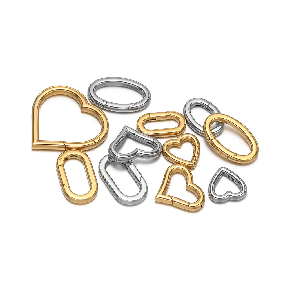Oval heart spring buckle clasps in mixed gold and silver finishes, jewelry connector findings