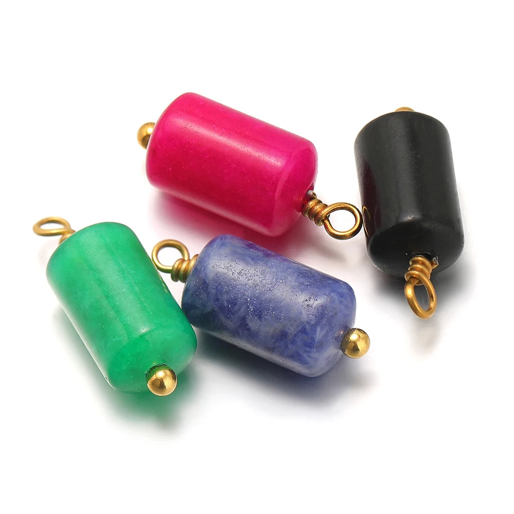 Cylinder stone charm pendants, magenta, green, blue, black with gold-tone loops