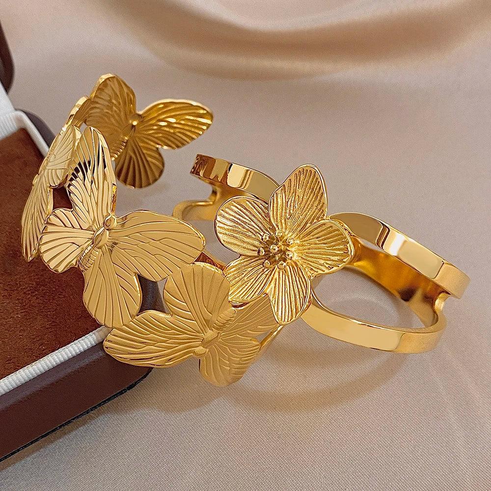 Exaggerated Gold Plated Stainless Steel Cuff Bangle Bracelet for Women Fashion Flower Butterfly Bracelets Waterproof Jewelry Set