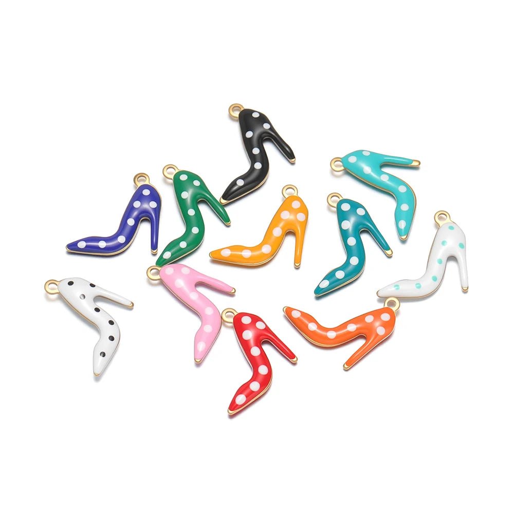 Assorted enamel high-heel shoe charms with gold-tone loops, multicolor set