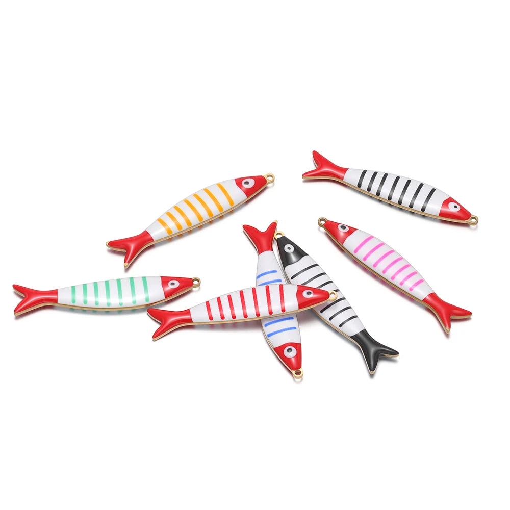 Assorted striped fish enamel charms set, red fins, yellow, green, pink, black and blue stripes