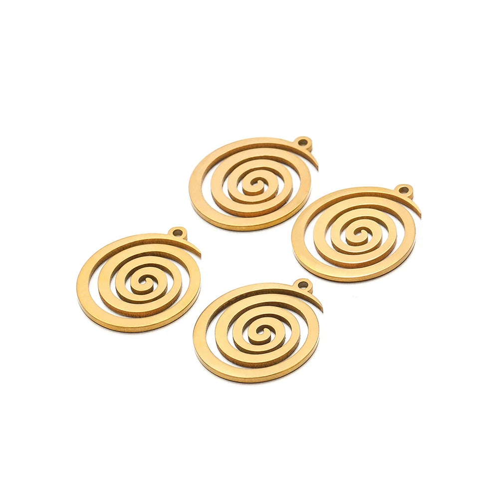 Gold spiral round charm pendants with top loop bail, swirl pattern, five pieces