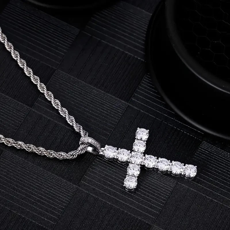 Silver-tone cross pendant necklace with cubic zirconia banded segments