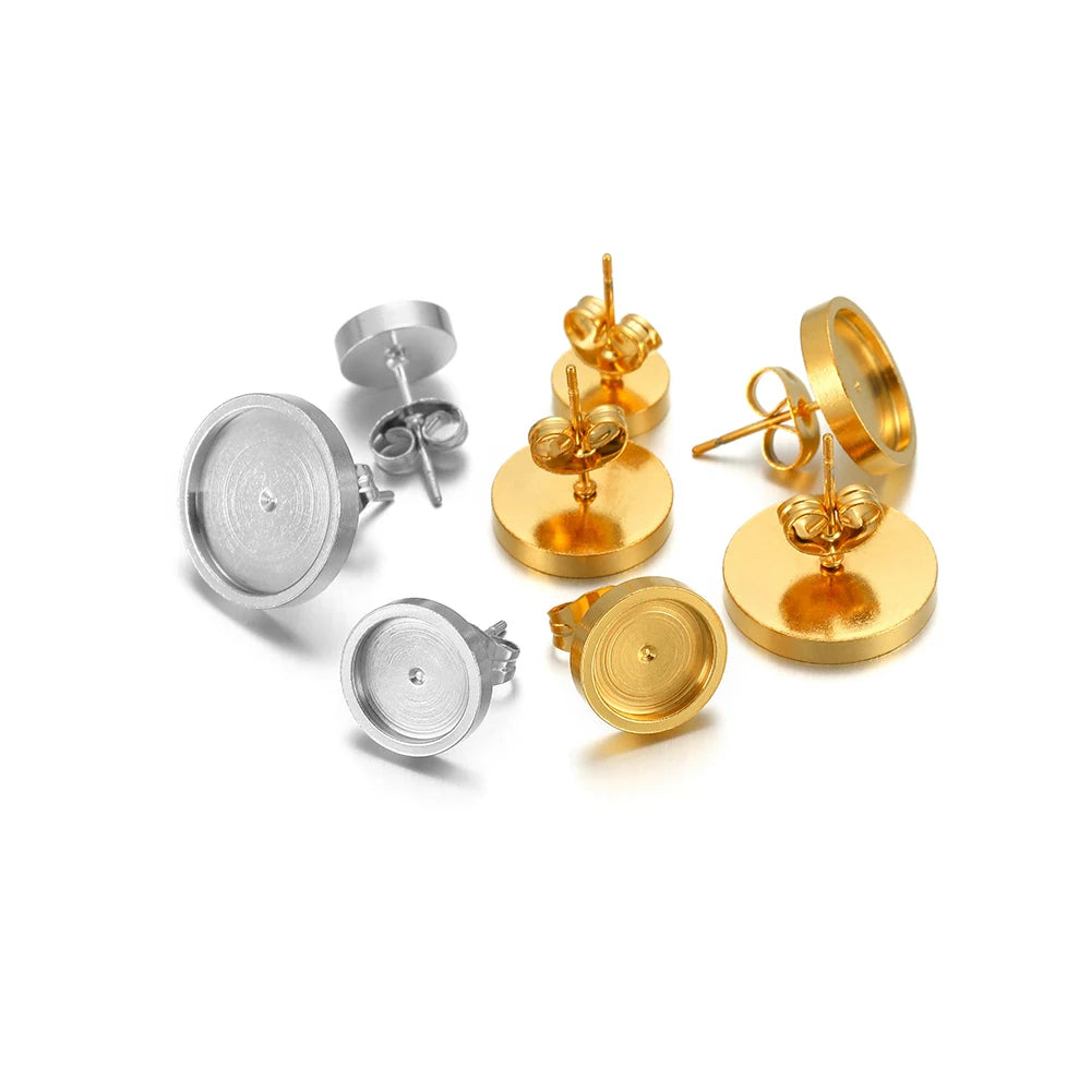 Round stud earring blanks, gold and steel flat settings with posts and backs