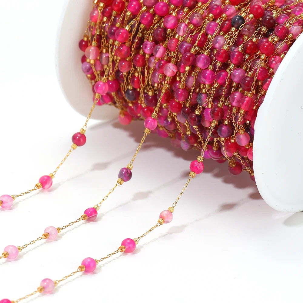 Stainless steel bead chain with gold-tone links and pink bead drops for DIY bracelet