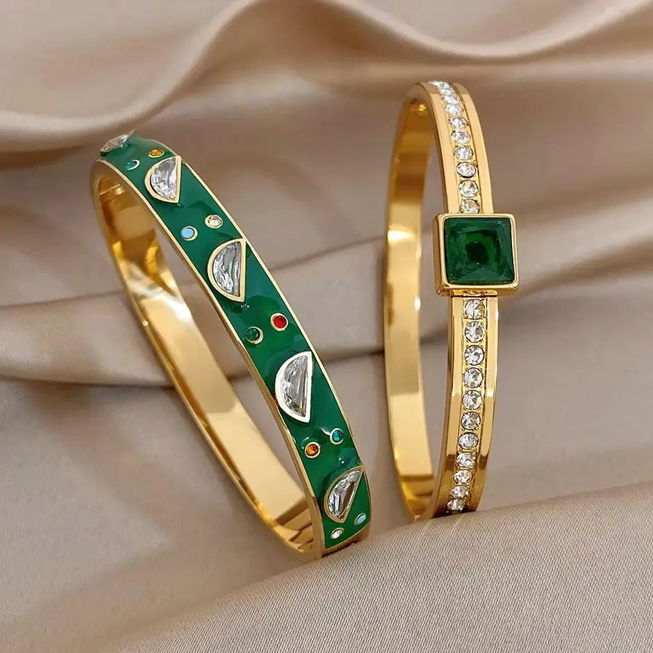 Delicate Green Enamel Stainless Steel Bangle for Women Glossy Colorful Zircon Stainless Steel Cuff Bracelets Waterproof Jewelry