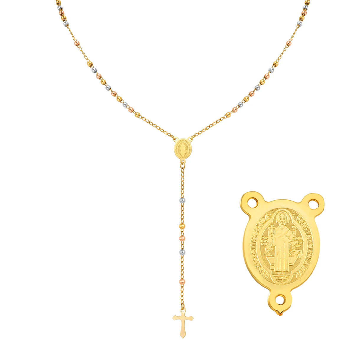 Gold and silver-tone rosary necklace with Virgin Mary medallion and cross pendant