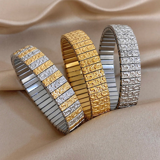 Irregular Geometric Textured Wide Bangle Bracelets Vintage Chunky Stainless Steel Elastic Watchband Bracelet Waterproof Jewelry