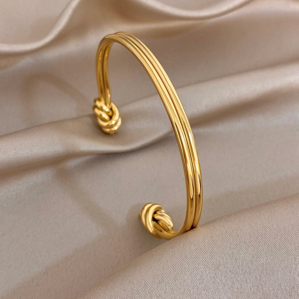Minimalist Double Layer Knot Cuff Bangle Bracelets Glossy Gold Plated Stainless Steel Wide Bracelet for Women Waterproof Jewelry