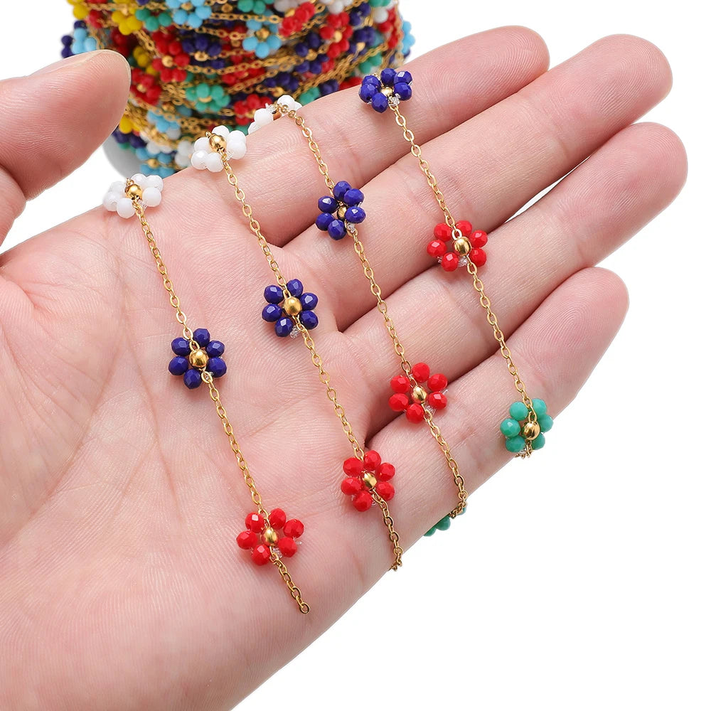 Gold-tone stainless steel daisy beaded satellite chain with multicolor flower charms