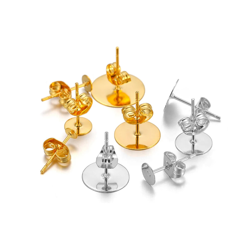 Round flat stud earring settings set, gold and silver blank bases with posts and backs