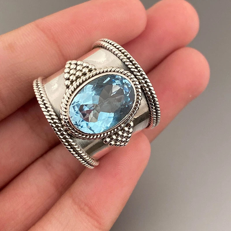 Silver Color Bright Blue Cubic Zirconia Wide Ring Luxury Party Jewelry m20