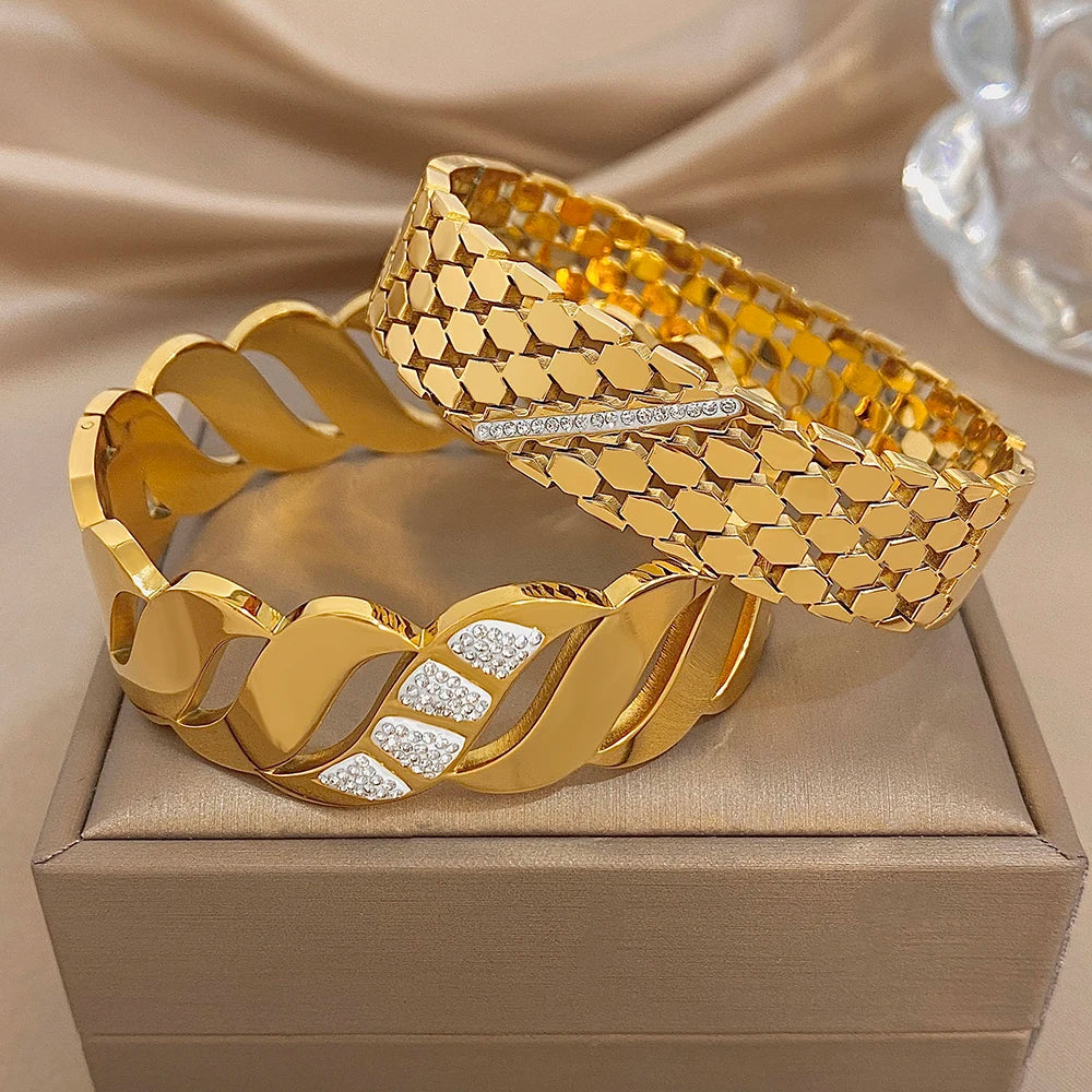 Luxury Rhinestone Stainless Steel Cuff Bracelet for Women Trendy Zircon Geometric Gold Color Wide Bangles Waterproof Jewelry Set