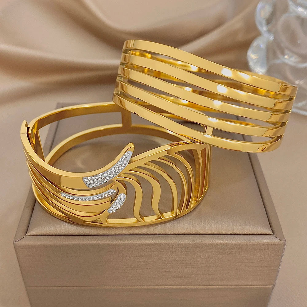 Irregular Geometric Zircon Wide Bracelets for Women Unique Design Gold Plated Stainless Steel Cuff Bangle Waterproof Jewelry Set