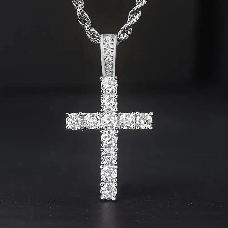 Silver-tone cubic zirconia cross pendant necklace with rectangular stone settings