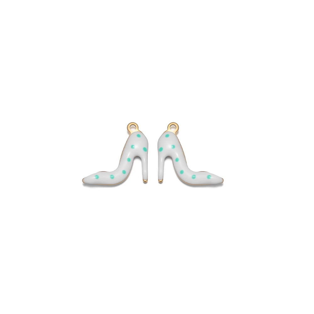 White enamel high-heel shoe charm pair with light blue polka dots and gold-tone loops