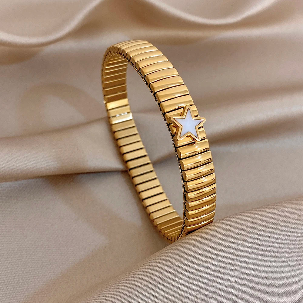 Fashion Star Textured Stainless Steel Bracelet for Women Men Adjustable Elastic Watchband Bangle Bracelets Waterproof Jewelry