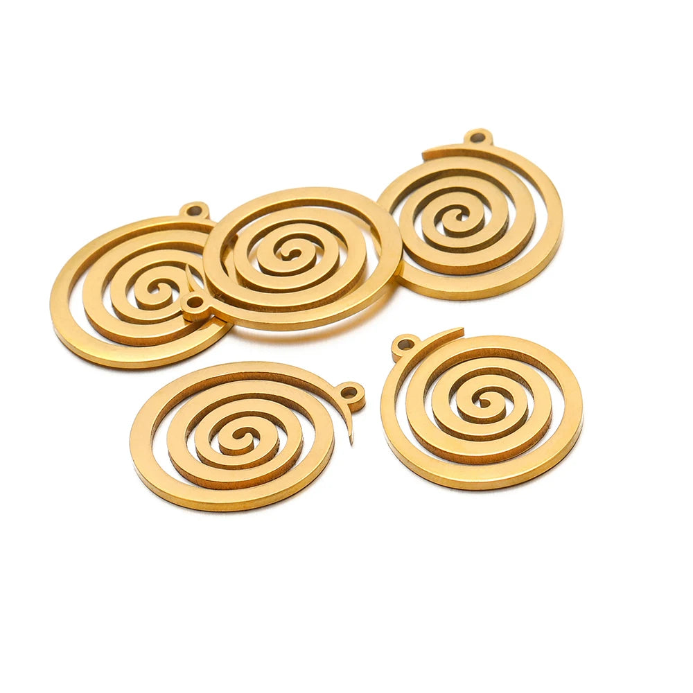 Gold spiral round charm pendants with loop bail, swirl design, five-piece arrangement
