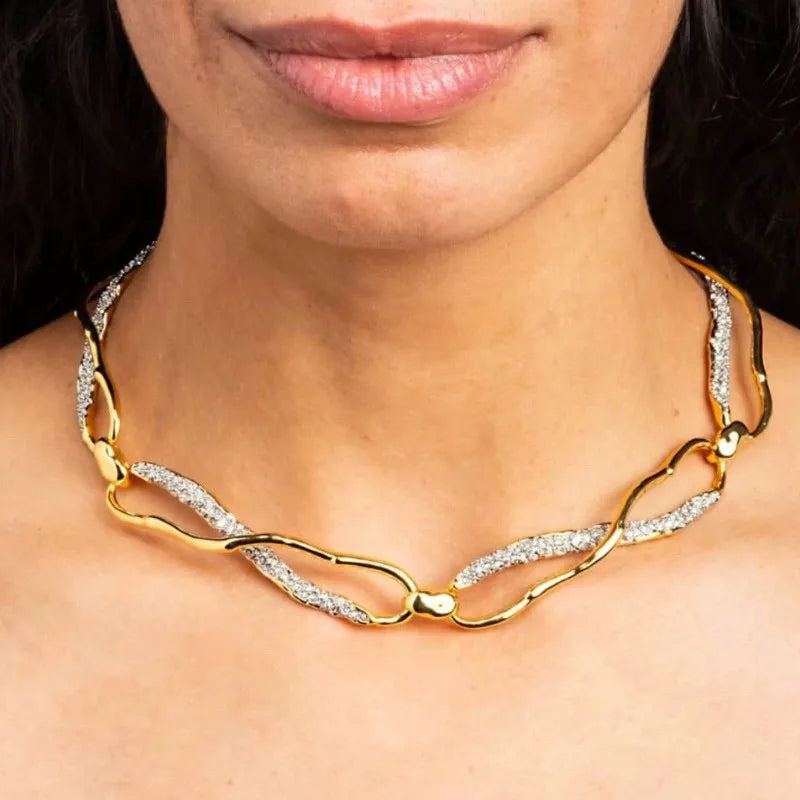 Big Luxury Women Retro Gold-plated Short Chunky Necklace Thick Chain Splicing Metal Choker Jewelry