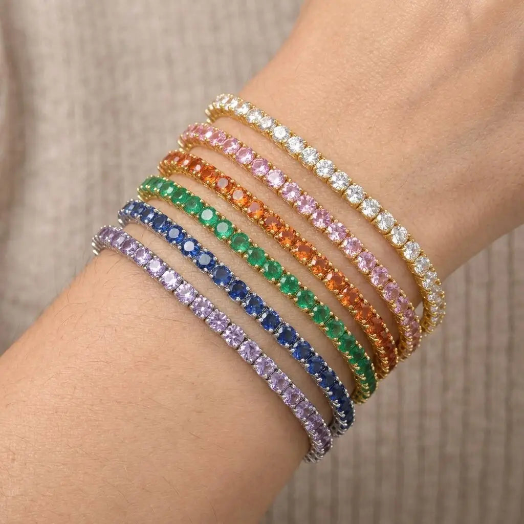 Tennis bracelet with multicolor cubic zirconia stones and gold-tone links