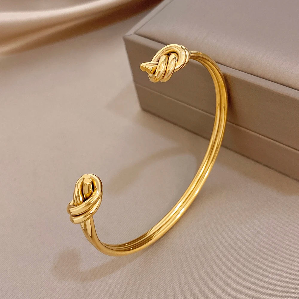 Minimalist Double Layer Knot Cuff Bangle Bracelets Glossy Gold Plated Stainless Steel Wide Bracelet for Women Waterproof Jewelry