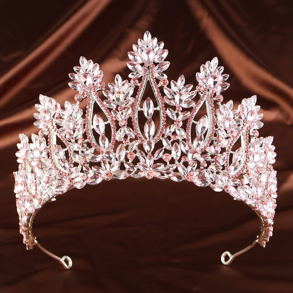 Pink crystal rhinestone tiara with oval stones and sparkling baroque crown