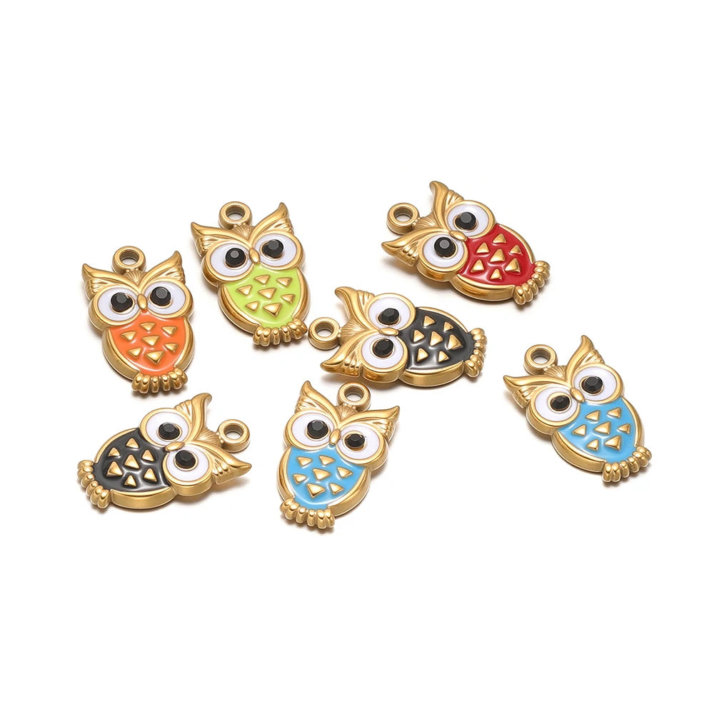 Enamel owl charm set with gold-tone frames, colorful belly panels and dangling loop tops