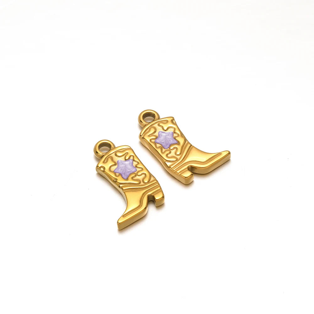 Pair of gold-tone long boot charms with purple star inlays and loops
