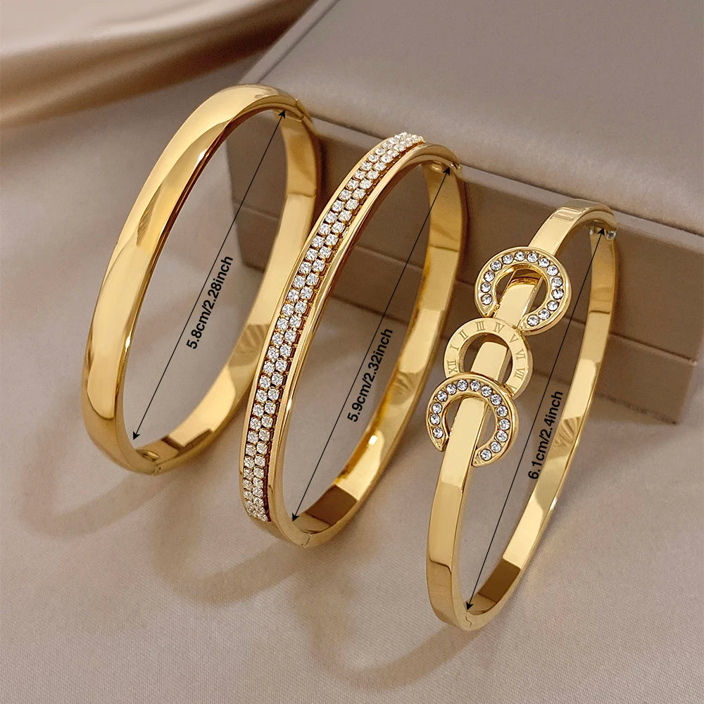Glossy Gold Plated Stainless Steel Cuff Bangle for Women Trendy Micro Inlaid Zircon Stackable Bracelets Waterproof Jewelry