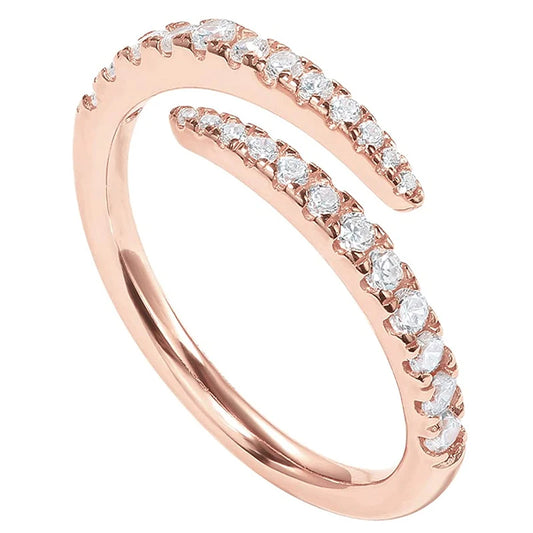 Rose gold open zirconia ring with two rows of round clear stones, adjustable band