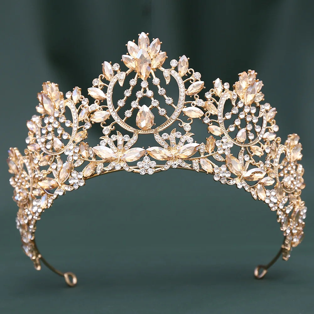 Gold Color Champagne Crystal Pageant Crowns for Women Queen Diadem Bridal Tiaras Large Headpiece Wedding Hair Accessories
