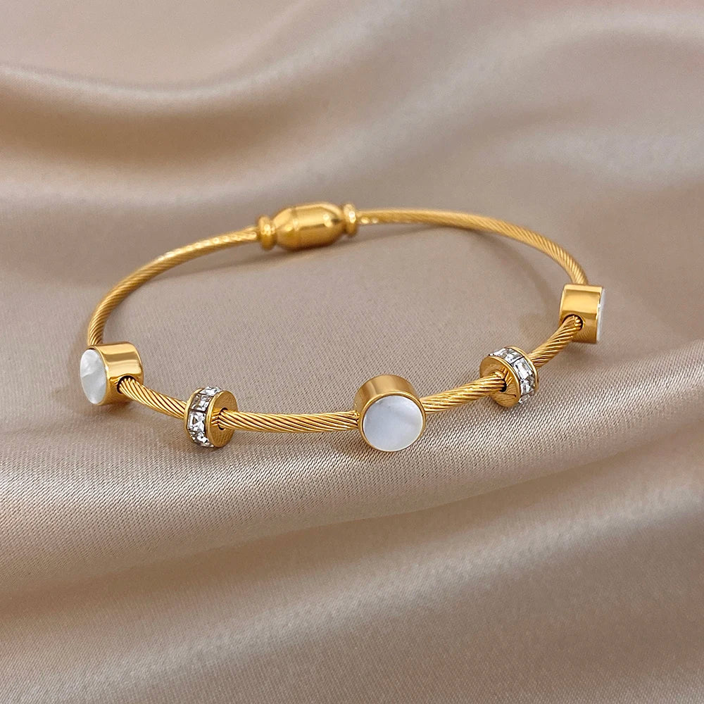 Chic Shell Rhinestone Twisted Stacked Bracelets for Women Elegant Gold Plated Stainless Steel Cuff Bangle Waterproof Jewelry