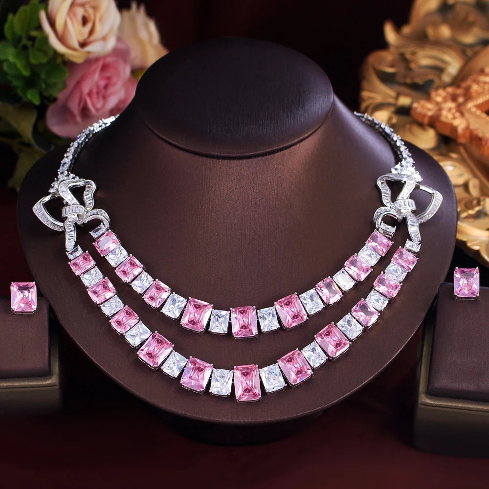 Double-layer pink cubic zirconia necklace with matching square stud earrings